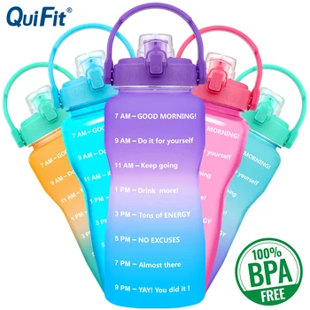 QuiFit 2L 64OZ 하프 갤런 동기 부여 물병 타임 마커 플립 플롭 BPA 무료 휴대용 스포츠 전화 스탠드 체육관 주전자