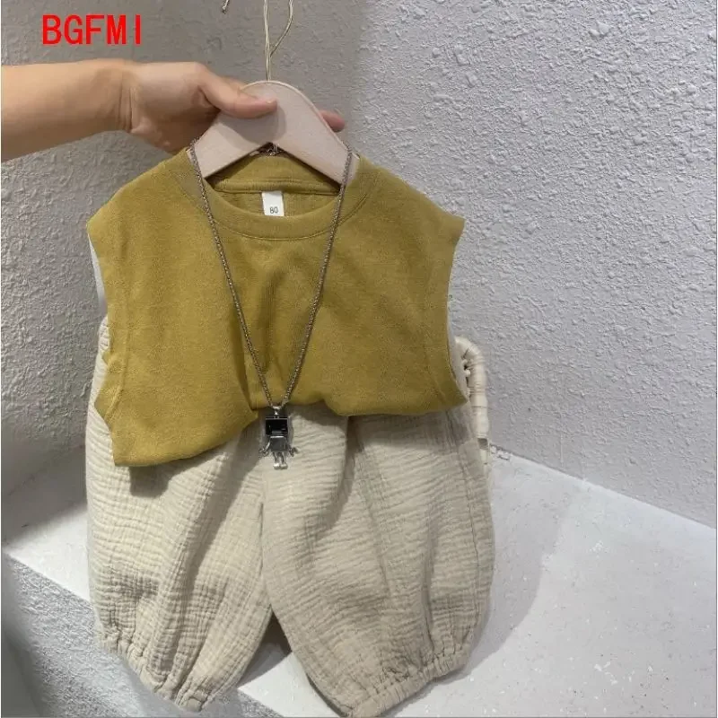 Korean Baby Toddler Boys Girls Soft Thin Casual Short Sleeves + Shorts Set Cotton and Linen Breathable Plaid 2pcs Suit