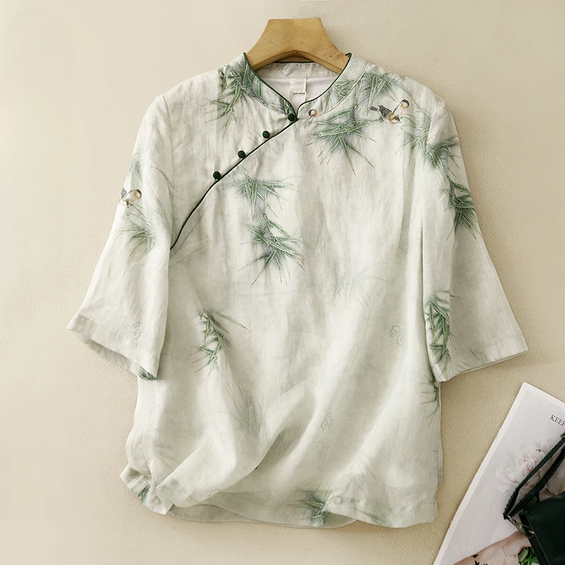 

Vintage Women's Shirts Summer Printed Chinese Style Blouses Loose Short Sleeve Women Tops Cotton Linen Clothing