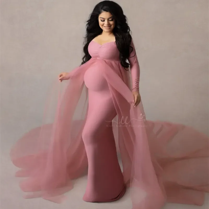 

Baby Shower Long Tulle Dress Slash Neck Maternity Photography Props Tulle Maxi Gown Pregnant Woman Long Dress