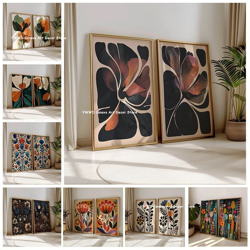 2pcs/set Scandinavian Art Norwegian Folk Art Floral Canvas Print Nordic Abstract Plant Wall Art Poster for Spring Home Decor 1