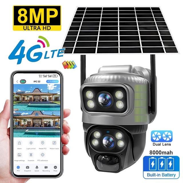 V380 Dual-Lens 4G Solar Security Camera – 8MP 4K Night Vision, PIR Human Detection, Waterproof CCTV Monitor 1