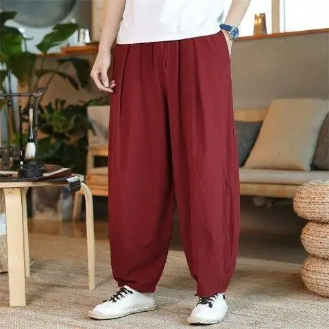 linen harem pants Men's Loose Harem Pants Chinese Style Casual Pants Home Tai Chi Wide Leg Pants Mens Cotton Linen Trousers Large Size Bloomers joggers sweatpants Harem Pants