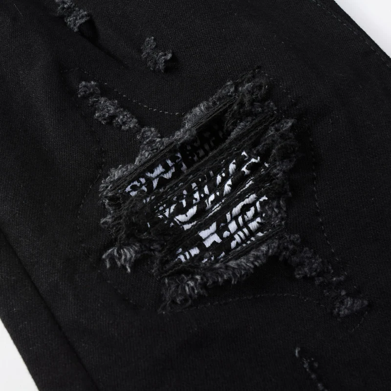 High Street Fashion Men Jeans Black Stretch Skinny Trousers Elastic Ripped Jeans Paisley Patch Designer Hip Hop Brand Pants Men