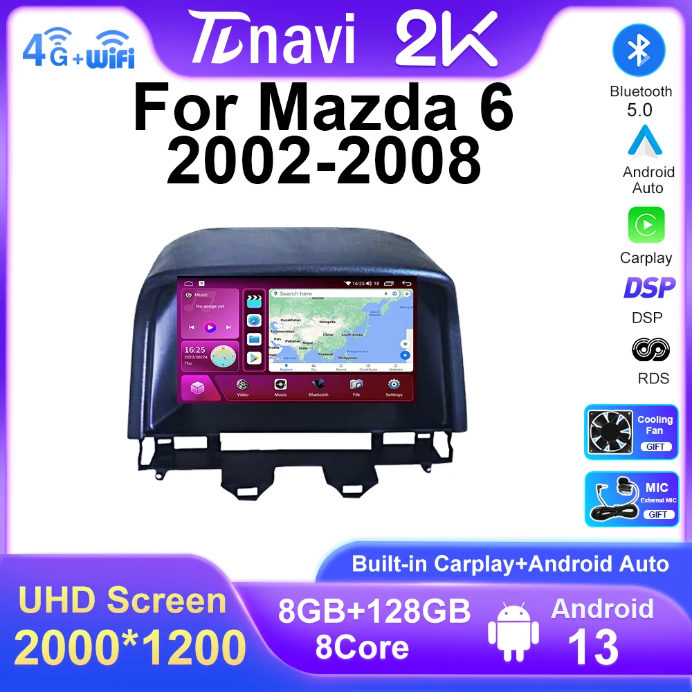 2K 2000*1200 autoradio per Mazda 6 2002 - 2008 Android Auto Multimedia lettore Video navigazione GPS DSP RDS Carplay 2 Din 4G