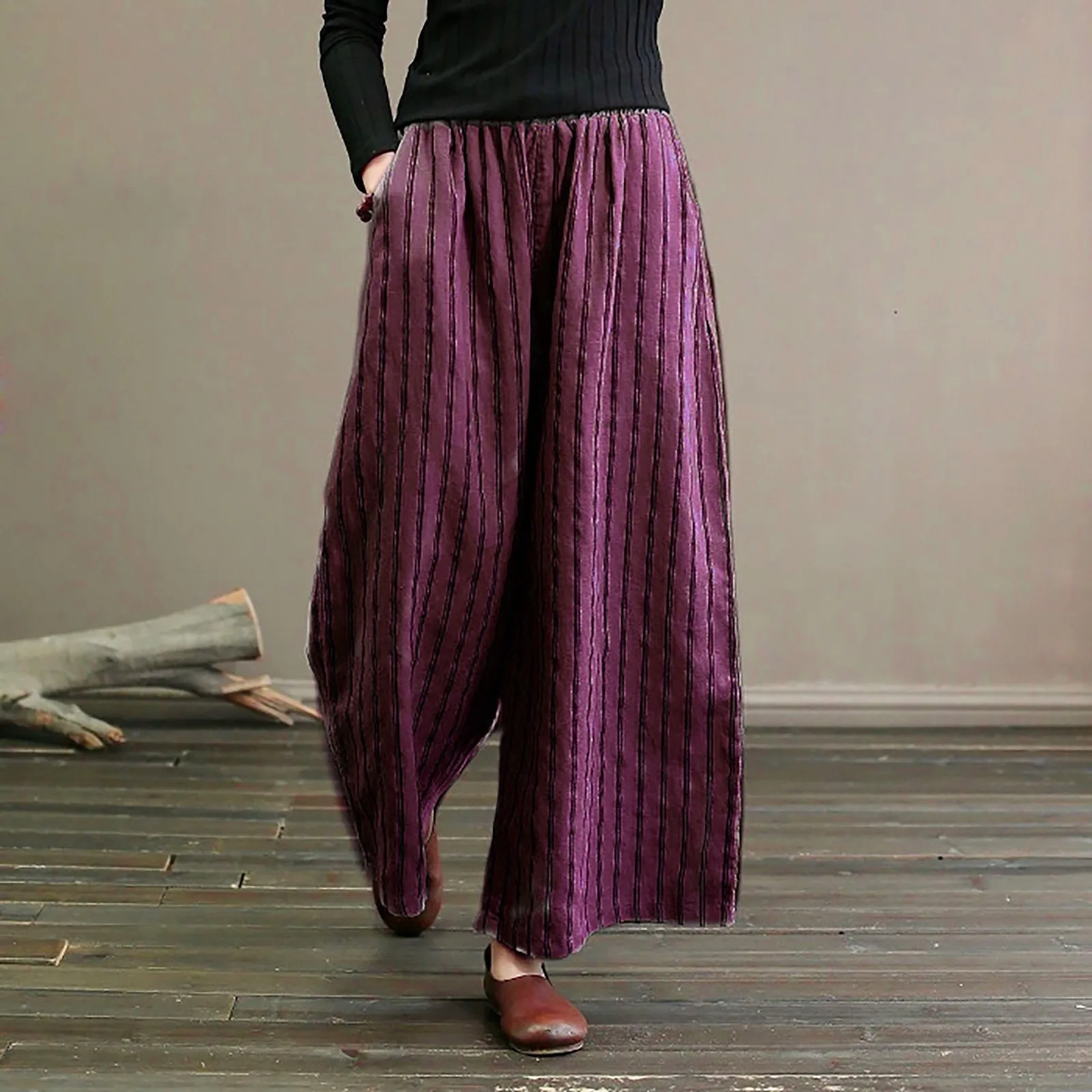 

Spring Fashion Women Wide Leg Pants 2023 Stripe Printed Ankle Length Pants Female Casual Holiday Trousers Pantalon Female Mujer
