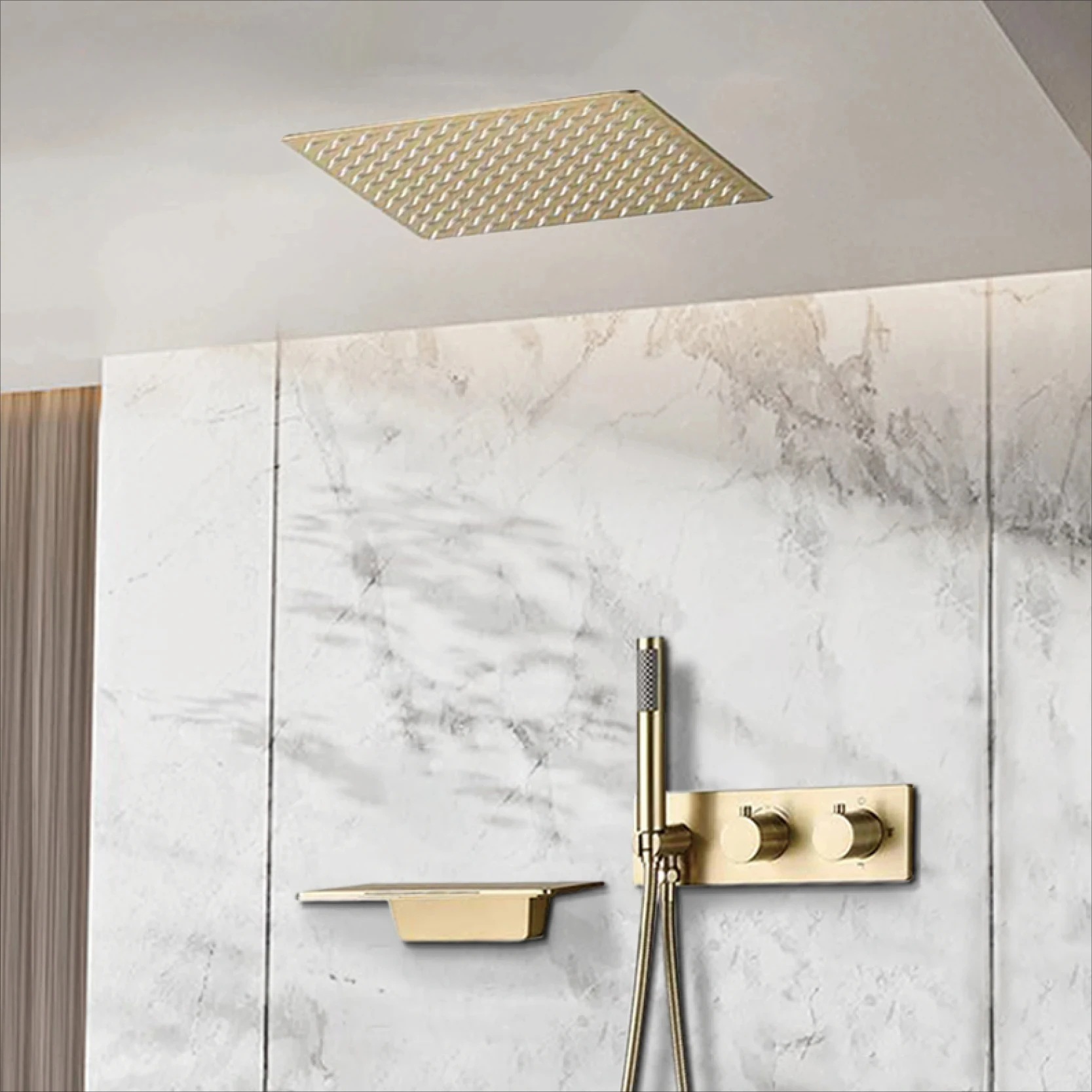 แปรงทองเหลืองติดผนังห้องน้ํา Mixer เพดาน Thermostatic Anti-Scald ฝักบัวระบบสายฝนและน้ําตก Outlets 1
