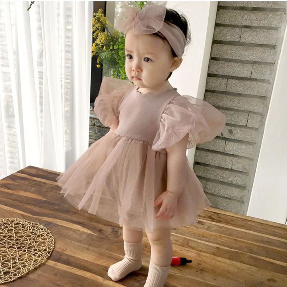 South Korea's same centenary princess short-sleeved climbing suit baby girl bubble sleeve puffy gauze skirt sister dress
