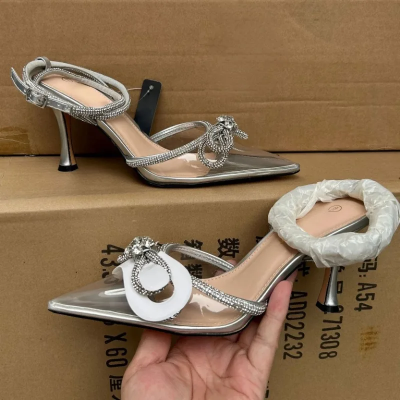 

High Heels Women Slingback Sandals Sexy Transparent PVC Pointed Toe Footwear Ankle Strap Rhinestone Bowknot Bridal Wedding Shoes