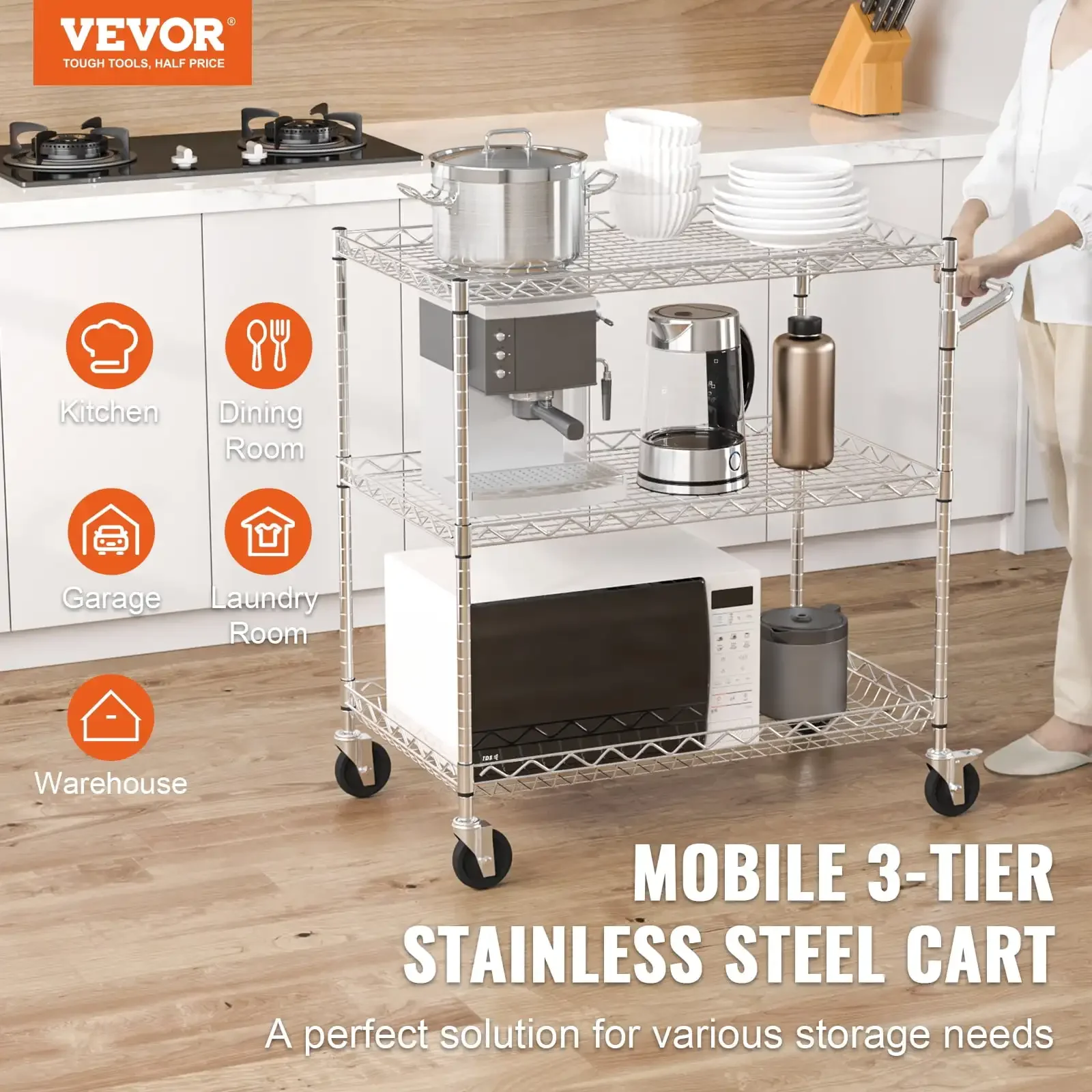 3-Tier Utility Cart Rolling Cart on Wheels 30"x18"x32.4" 661 lbs 6 Hooks 2