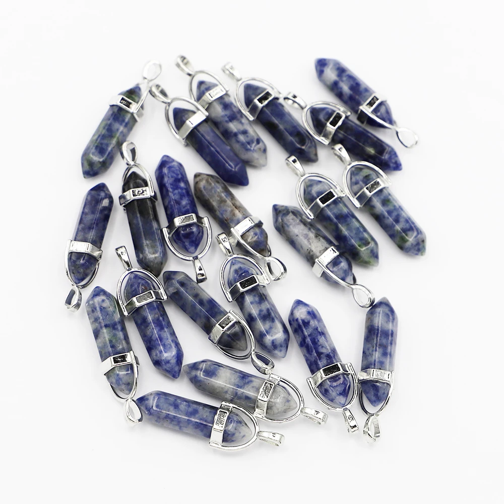 Hot Selling Natural Stone Sodalite Hexagonal Pillar Pendants Column Female Charms Necklace for Women DIY Jewelry Making 24Pcs