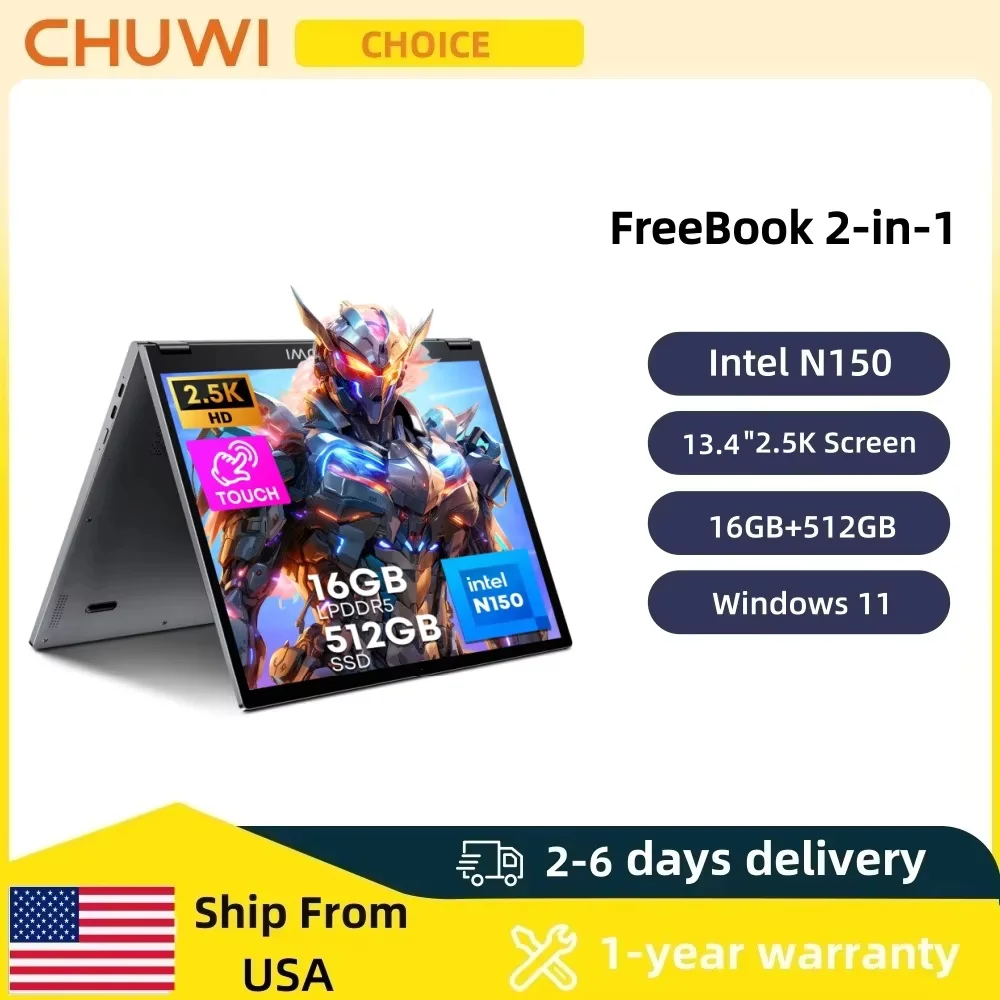 CHUWI FreeBook 2-in-1 Laptop IntelN150 13.4'' Touch 2.5K Screen 16GB LPDDR5 RAM 512GB SSD WiFi6 BT5.2 Convenient Office Notebook 1