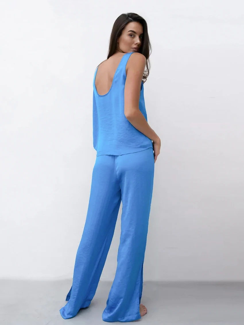 Marthaqiqi Summer Female Sleepwear 2 Piece Suit Sexy Tank Tops Pajamas Backless Sleeveless Pants Casual Home Clothes For Women
