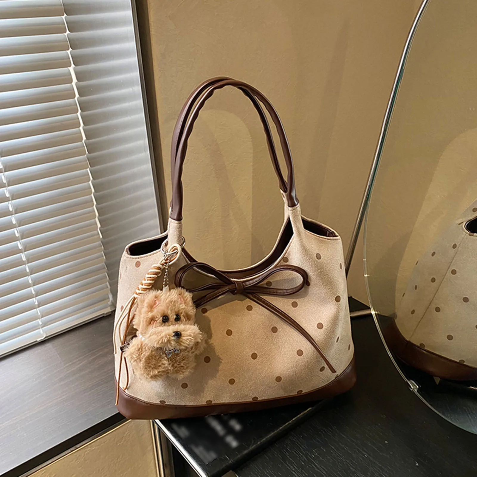 Women Faux Suede Polka Dot Print Simple Shoulder Handbag Underarm Shoulder Bag Fashion Shoulder Bag for School Work Daily Use