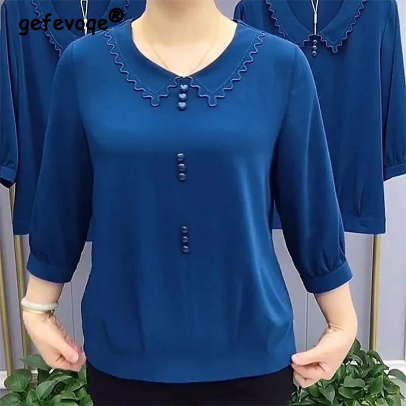 

Long-sleeved Button Casual Solid Wild T-shirt Women's Autumn New Loose Oversize O Neck Shirt Middle-aged Mother Bottoming Blouse