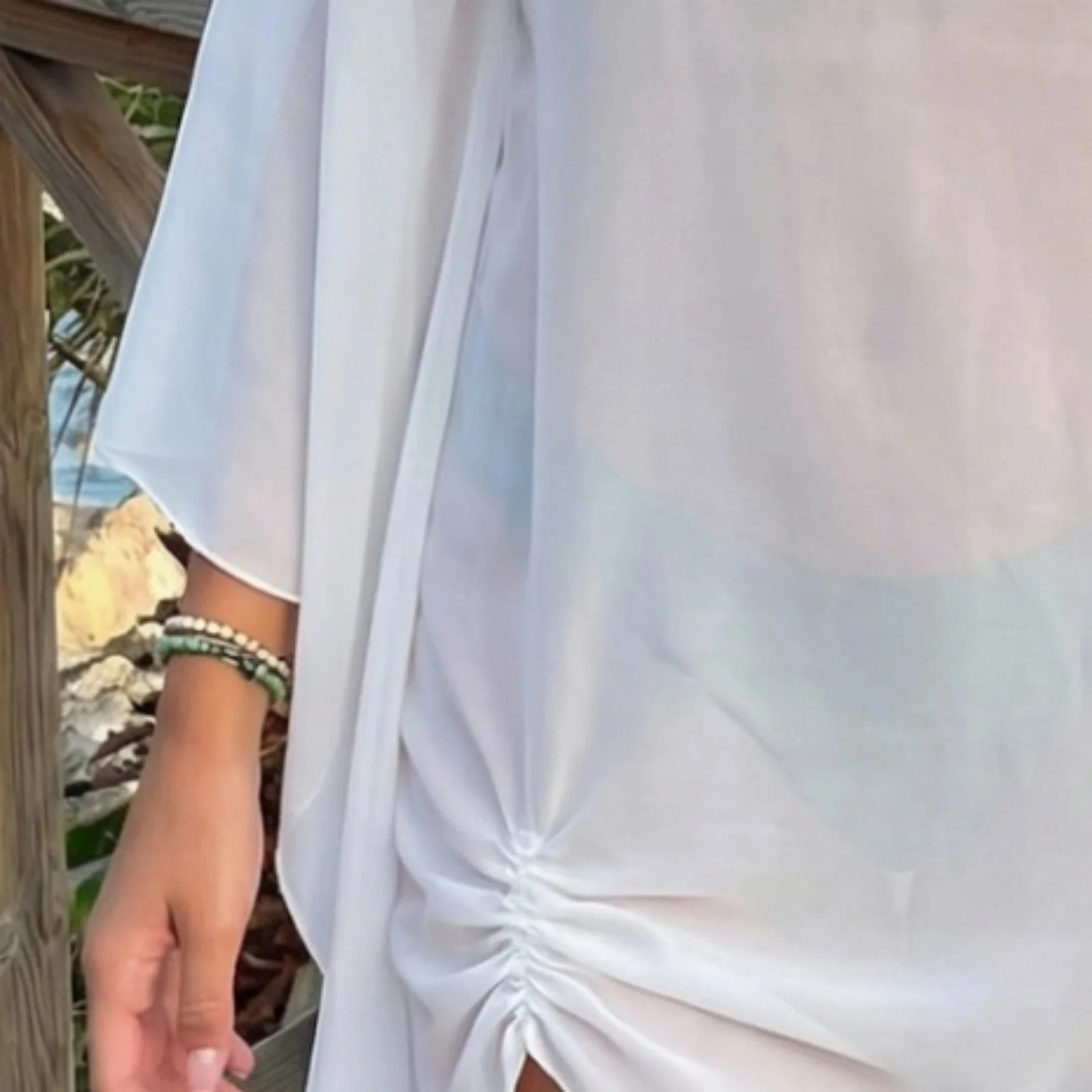Lamuusaa y2k Cover-up Beach Dress Sexy Women Long Sleeve Crew Neck See-through Sheer Loose Dress Mini Dress Swimming Costume 1