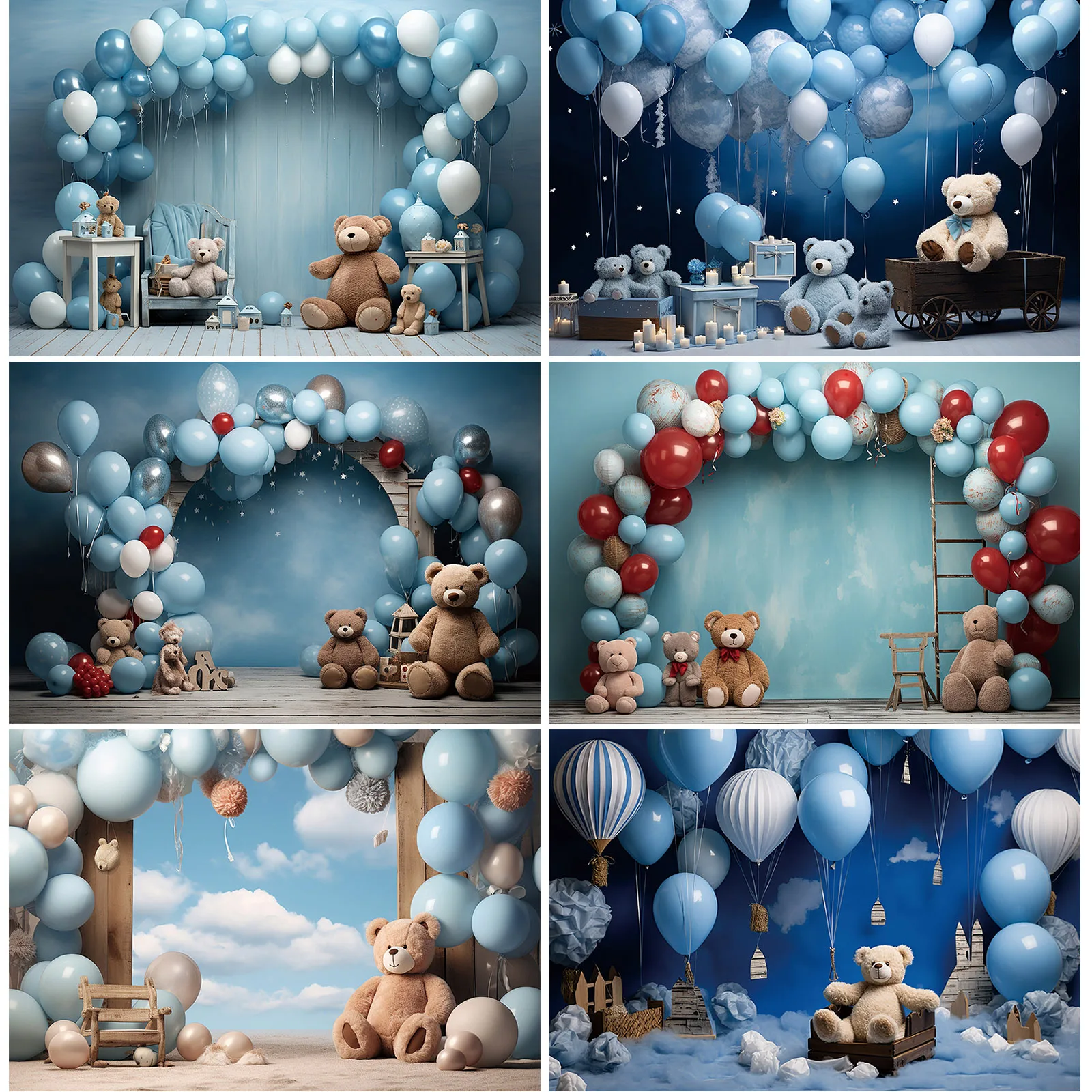 

Photography Background Blue Sky White Clouds Balloons Bear Birthday Party Backdrop Decor Boy Baby Shower Cake Photo Studio Prop
