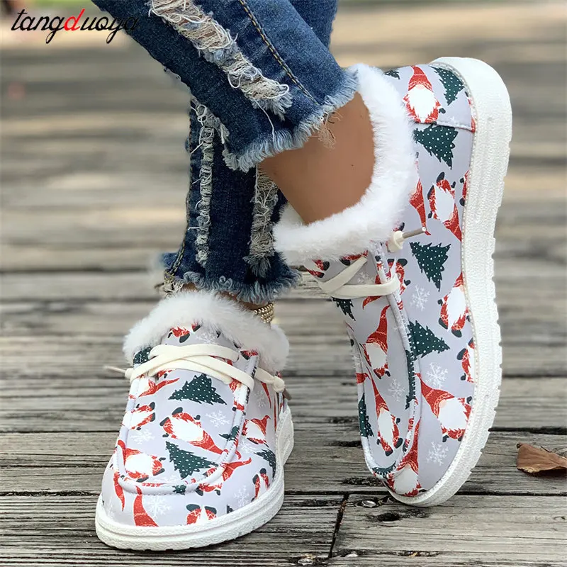 

Женская теплая плюшевая обувь на плоской подошве, с мультяшным принтом Санты, размеры 43