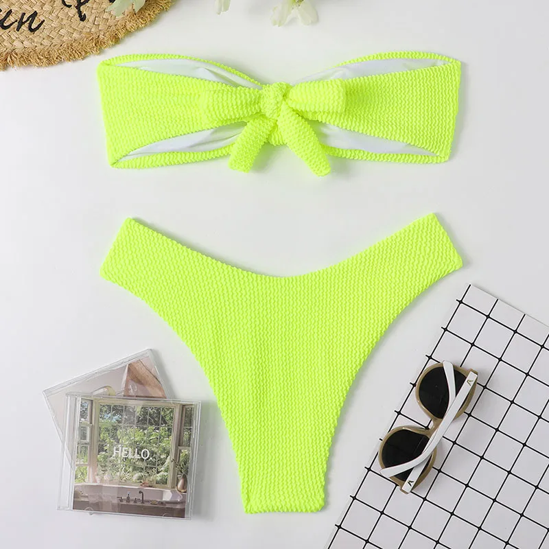 Swimsuits Women Candy Colors Sexy Swimwear Bather High Waist Push Up Bandeau Bikini Set Bathing Suits Beachwear Biquini Mujer strapless bikini set