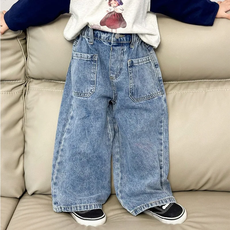 

Children Clothing Girls Korean Style Fashionable Loose Wide Leg Jeans 2023 Spring Autumn New Casual All Match Simple Pants