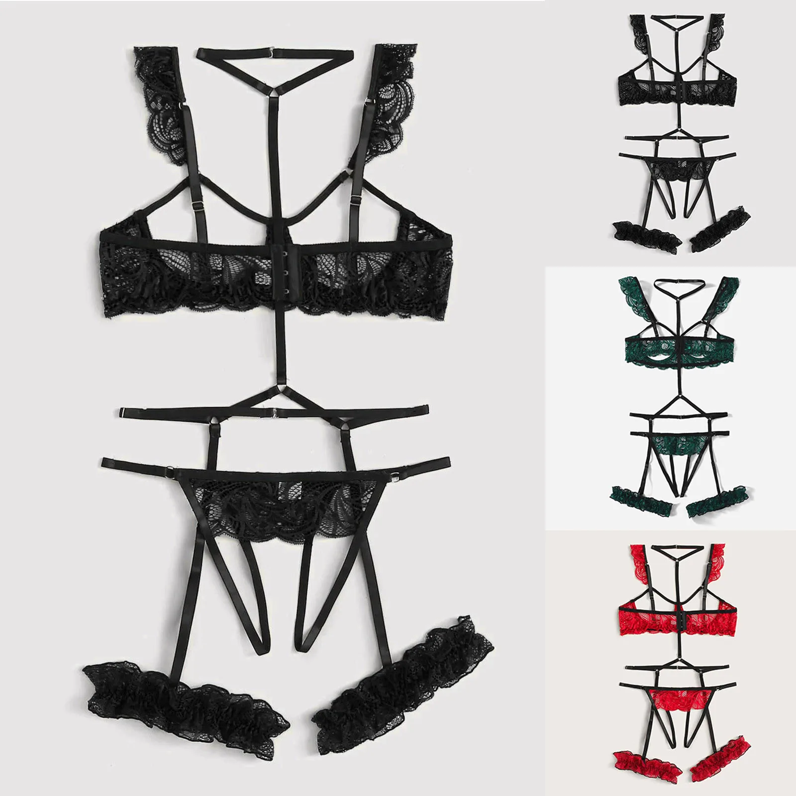 Conjunto de lencería sexy mujer conjunto encaje transparente 3 piezas_voghion.com