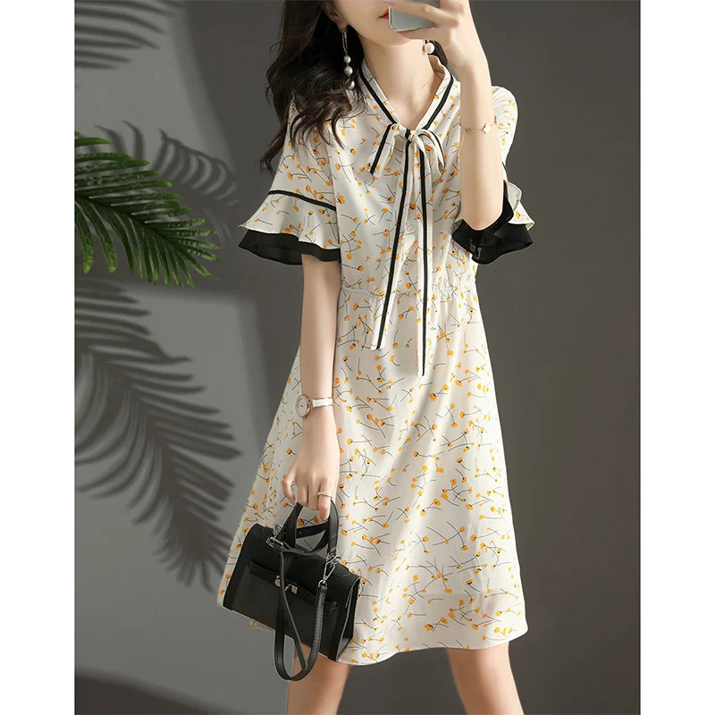 

Summer New Elegant Fashion Ruffles Printing Bow Dress Ladies Flare Short Sleeve A-line Robe Women Loose Casual Lace Up Vestido