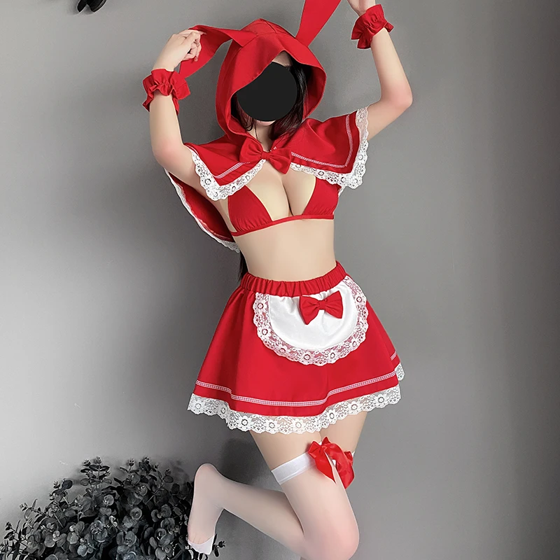 OJBK Christmas Cosplay Costumes Girls Three Point Lingerie Outfit Red Santa Maid Outfits Open Chest With Lace Skirt Uniform women lingerie women lingerie set women cosplay costume