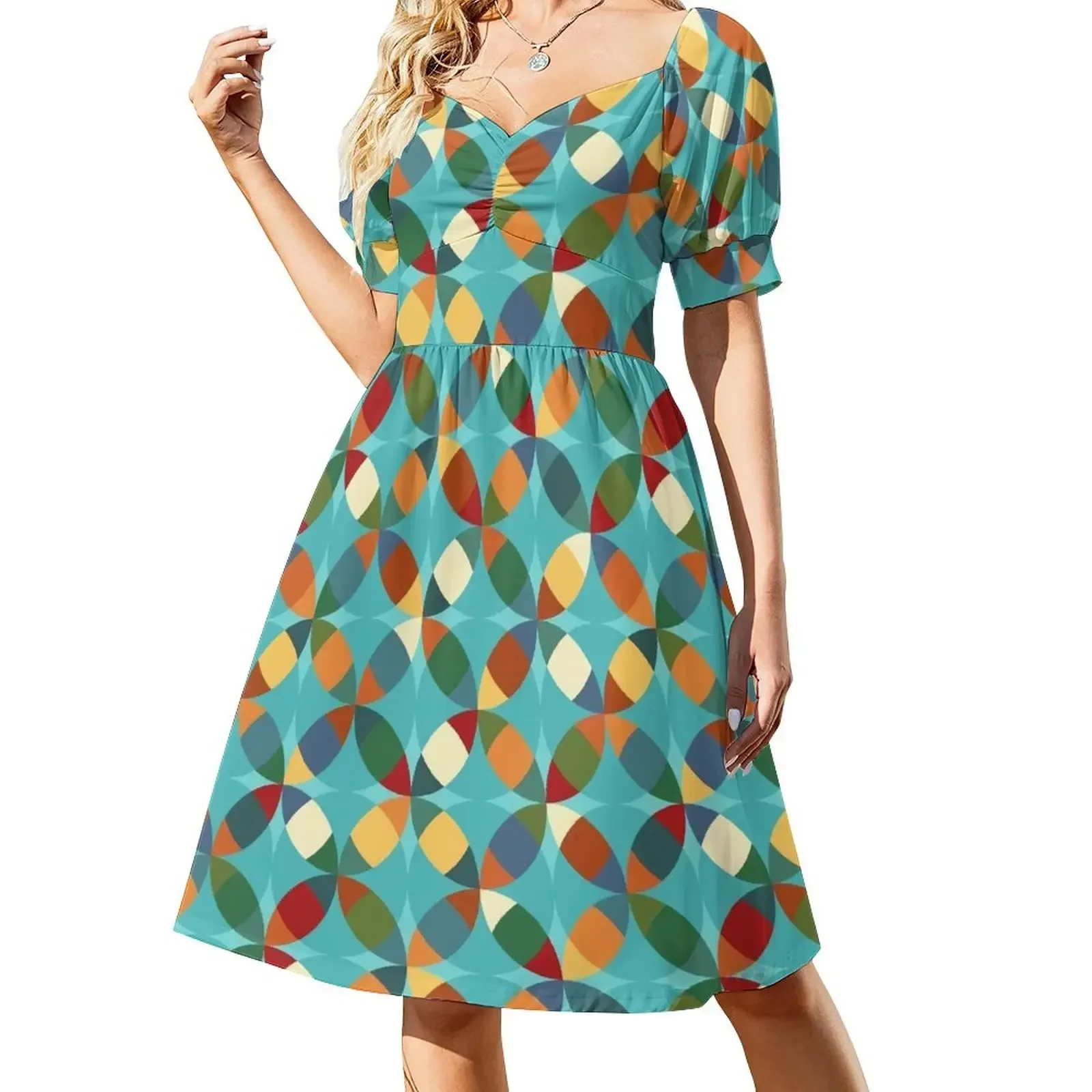 thumbnail image 1 of Vestido de novia de manga corta con estampado geométrico circular moderno de mediados de siglo, colorido, para fiestas, 1 of 7