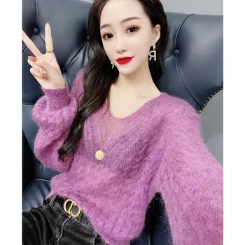 Fashion V-Neck Loose All-match Solid Color Sweaters Women's Clothing 2023 Autumn Winter Knitted Korean Pullovers Casual Tops 1