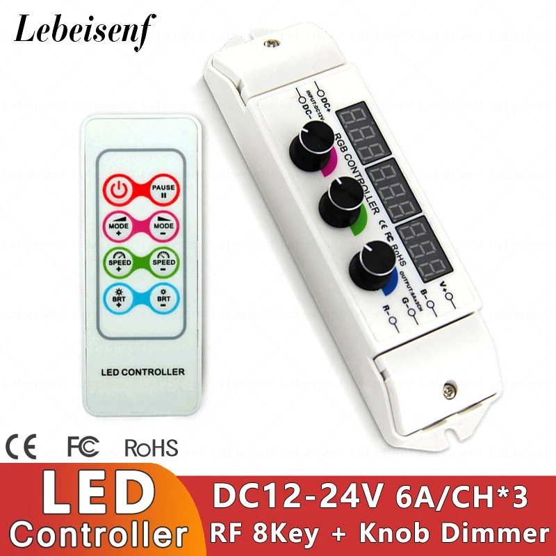 

6A*3 Channel DC 12V 24V 18A LED Controller Digital Display Knob Dimmer with RF Remote for Constant Voltage PWM RGB Color Strip