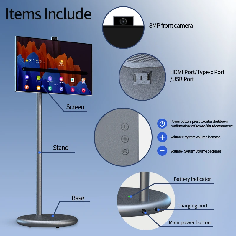 27 Inch Movable 128Gb Tablet Tv Interactive Charging Smart Television on Wheels Built in Speaker Portable Tv Lcd Smart