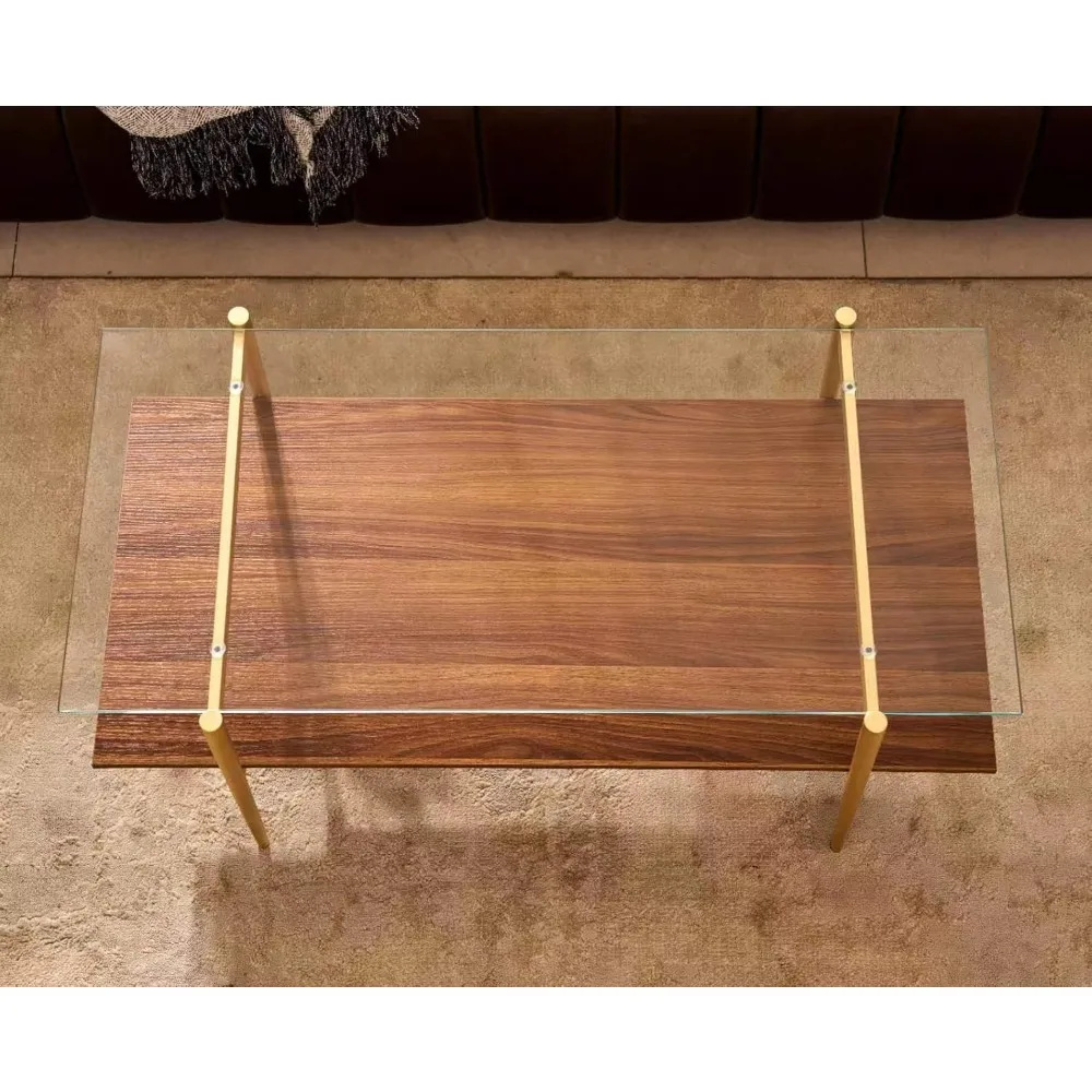 Mid-Century Modern Coffee Table, Clear Glass Top, Gold Metal Legs, 2-Tier Walnut Shelf, 41"D x 21"W x 17"H