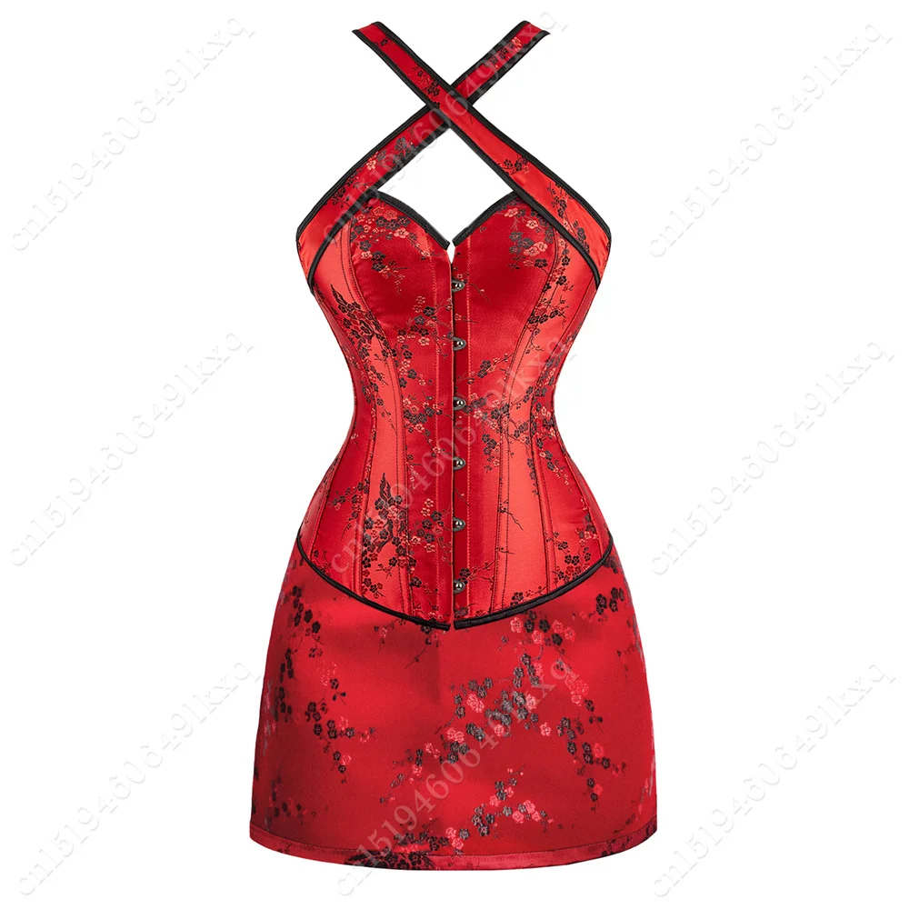 Red Corset Dress Sexy Overbust Corset Floral Gothic Skirts for Women Red Satin Corset with Skirt Set Black Burlesque Dress
