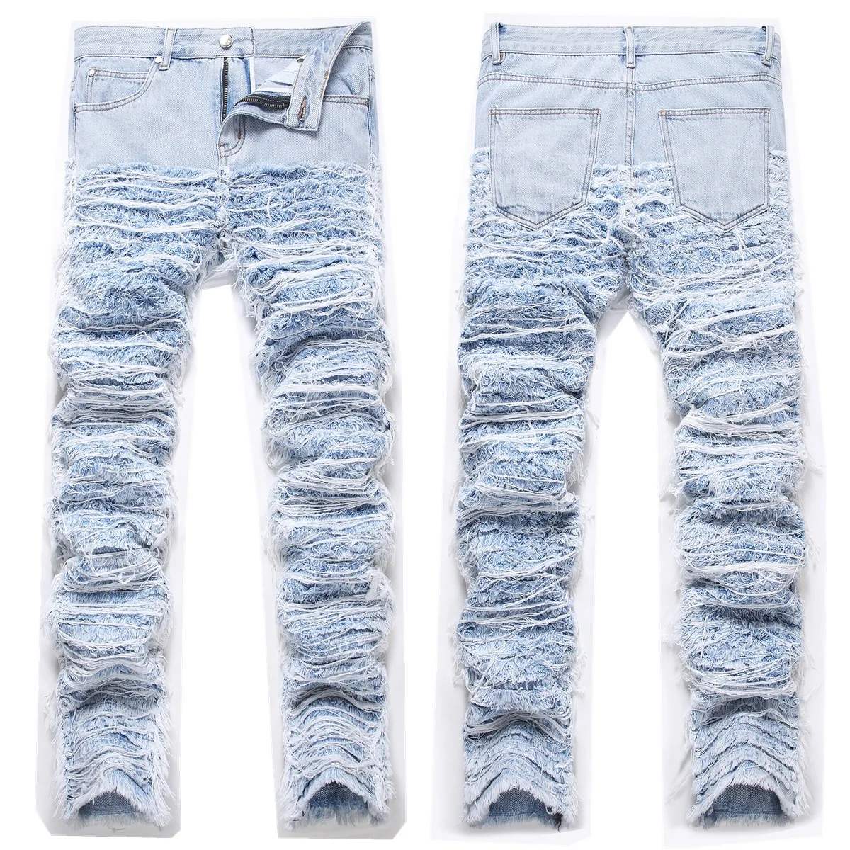 

Men's Ripped Jeans Loose Stacked Tassel Distressed Destroyed Straight Denim Pants Streetwear Punk Grunge Spring Fall Clothes