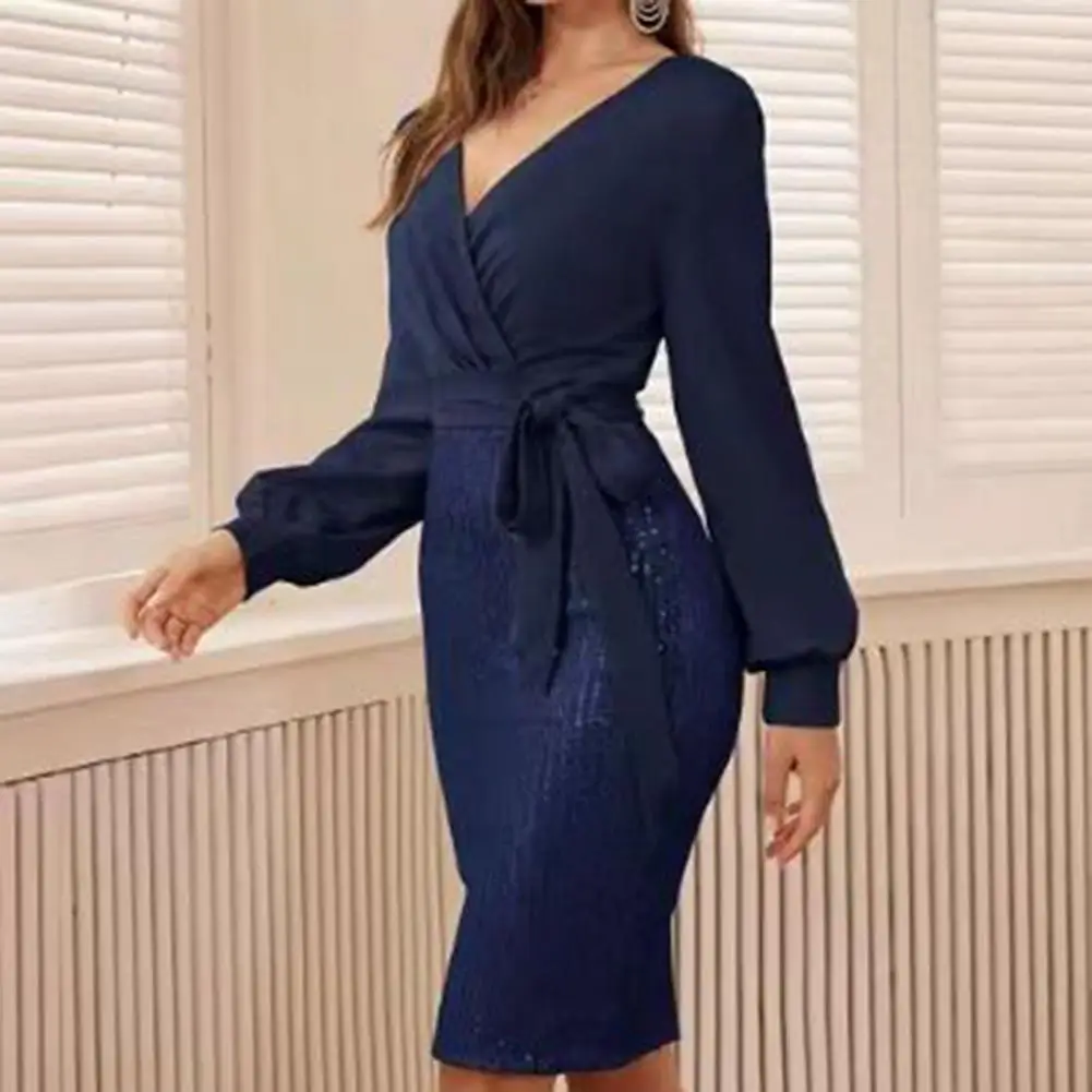 

Elegant Women Dress Sexy Deep V Neck Long Sleeve Party Dress With Belt Tight Waist Sequin Splicing Evening Cocktail Dress