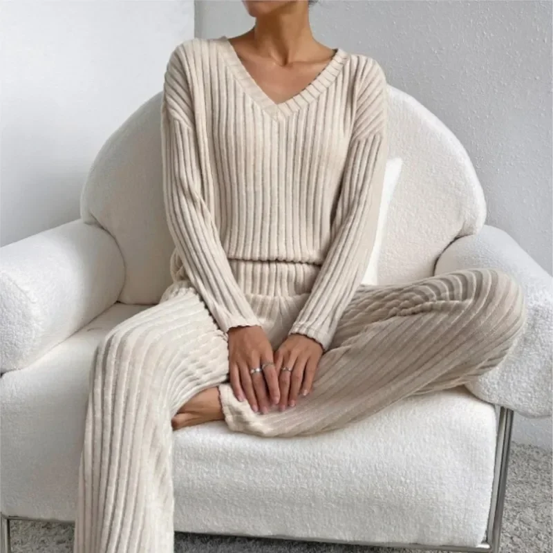 Women's V-Neck Knitted Sweater & Straight Pants Home Suit Set