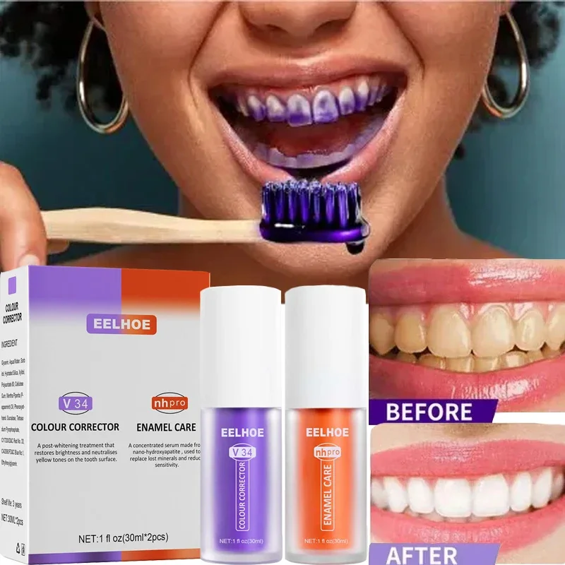 

V34 Teeth Whitening Toothpaste Set Remove Plaque Stains Cleaning Oral Hygiene Fresh Bad Breath Dental Bleaching Tools Care Gel