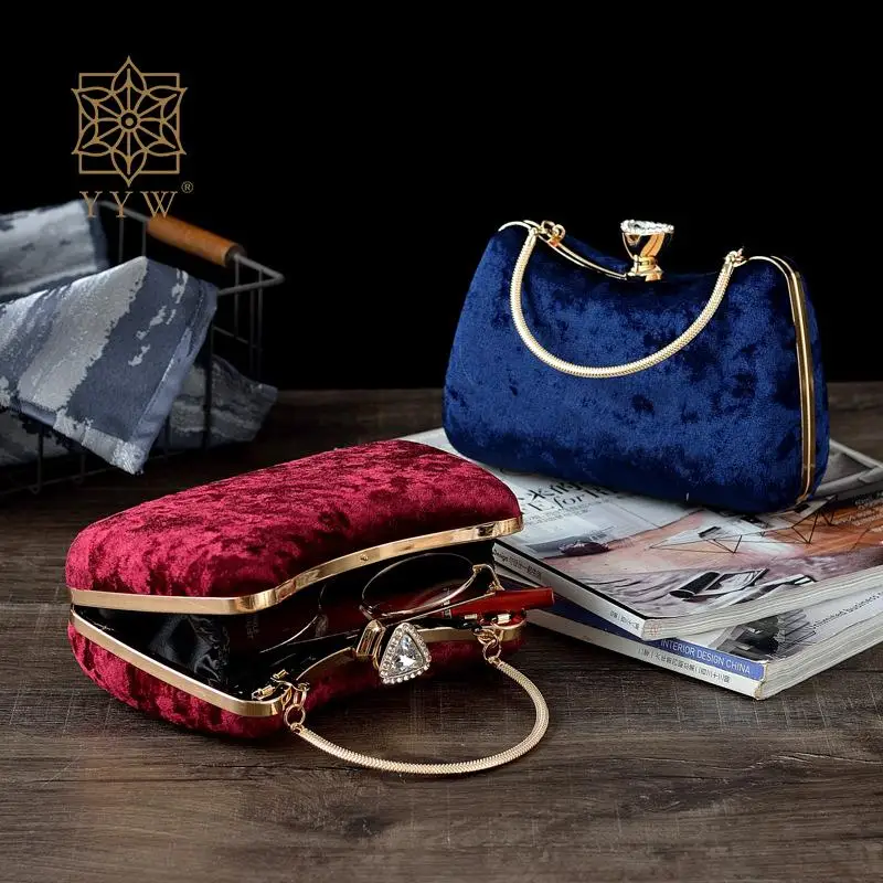 Velour Blue Women Wedding Party Handbag Designer Pochette Femme Clutch Con Catena Di Strass Parites Da Sposa Prom Sac A Main