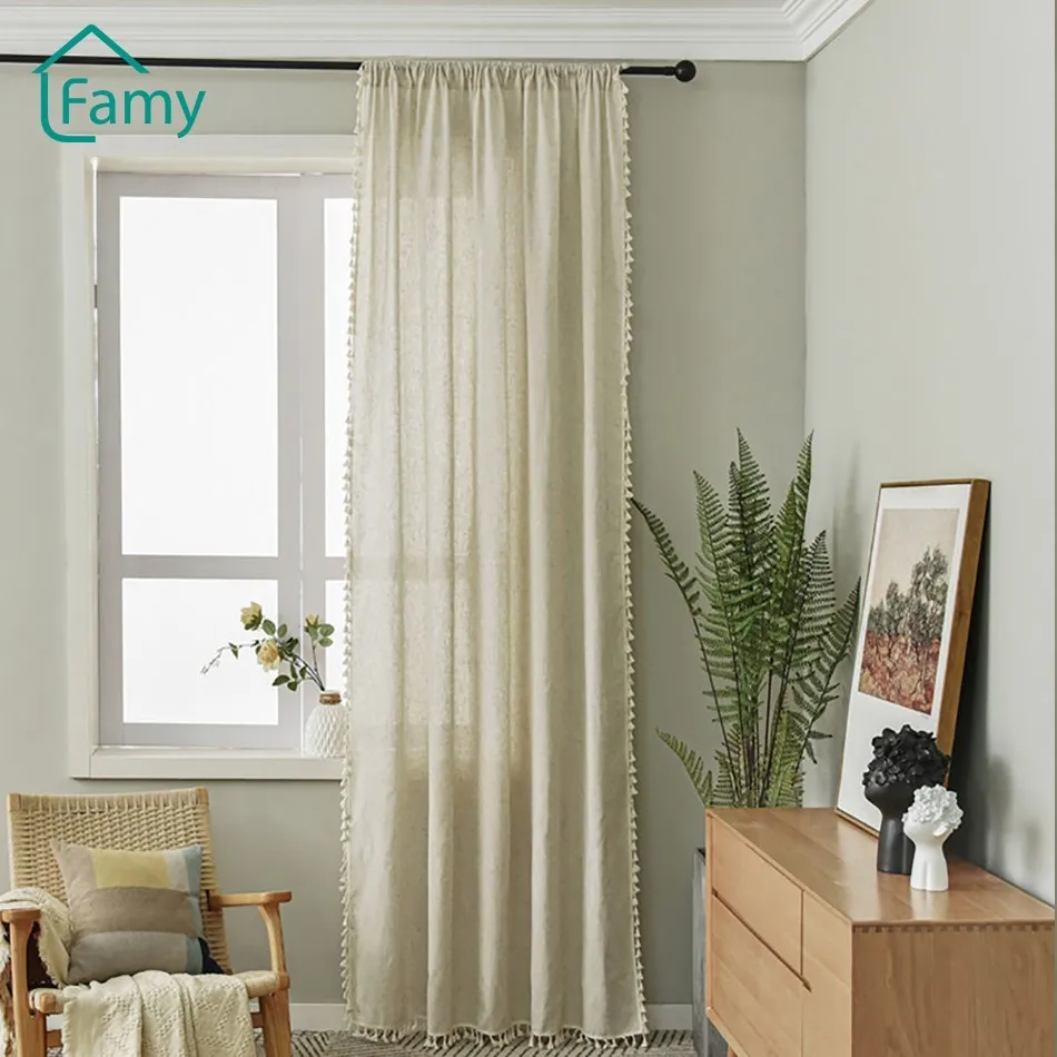 

Curtain Semi Blackout Curtains for Bedroom Living Room Cotton Linen Retro Simple Tassel Curtain Finished Drapes Cotinas De Sala