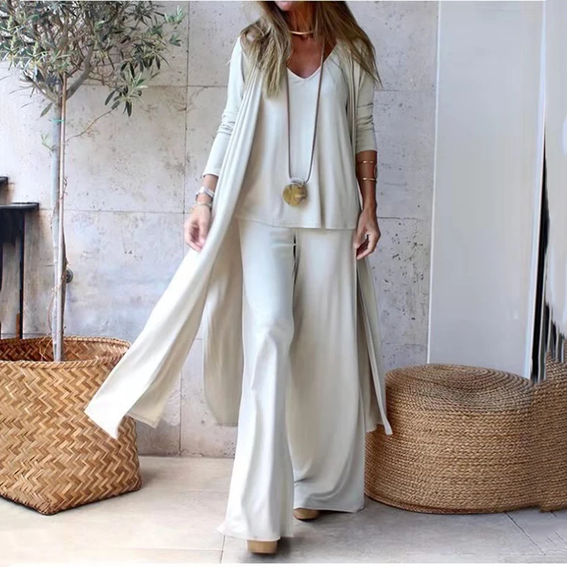 

Spring New Comfort Three Piece Sets Women Solid V-Neck Sling Tops + Wide Leg Pants + Long Cardigan Coats Sets Office Lady Suits