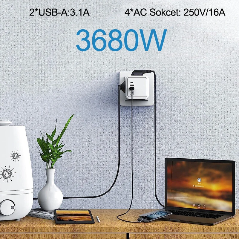 Multiprise Usb C Plug Socket Power Strip electrical socket power strip power socket wall socket extender Switch Extension 4 Outlets Euro Powercube Network Filter Overload Protection for Home