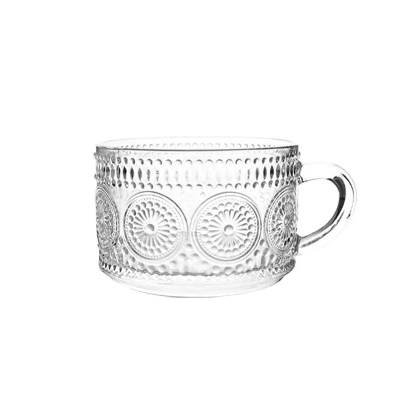 VintageGlassMugsEmbossedSunflowerTeaCupGlassCoffeeCupsfor