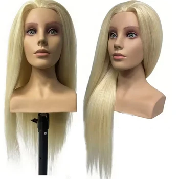 Testa di Manichino da 24 Pollici con 95% di Capelli Veri, Testa per Allenamento con Spalle per Acconciature, Cosmetologia, Pratica di Parrucchieri e Barbieri