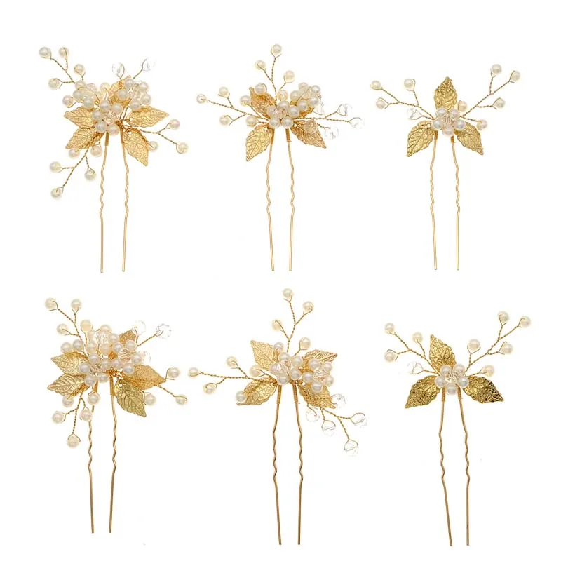 여성용 모조 다이아몬드 꽃 머리핀, 금속 합금 잎 헤어 클립, 웨딩 쥬얼리 선물, 골드 컬러 신부, 헤어 액세서리, 6 개