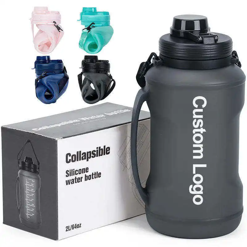 BPA Free 2L Portable Foldable Gym Drinkware Outdoor Squeeze Reusable Travel Sports Collapsible Food Grade Silicone Water Bottle