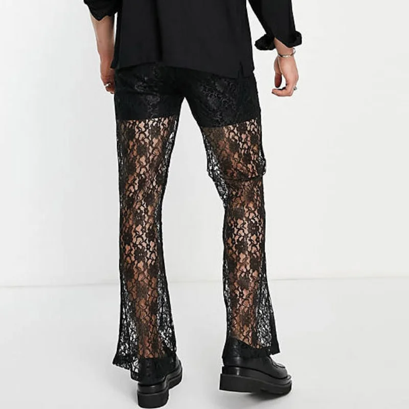 European American Men Casual Pants Sexy Black Lace Trousers Show Dress Mesh Cut Out Bell-bottoms Moletom Masculino Pantalon New