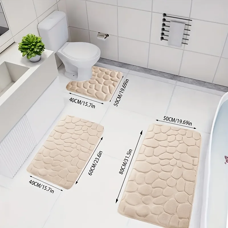 3-Piece Embossed Quick-Dry Bath Mat Set, Non-Slip Soft Memory Foam Bathroom Carpet, Polyester Anti-Fatigue Bath Rug for Floor