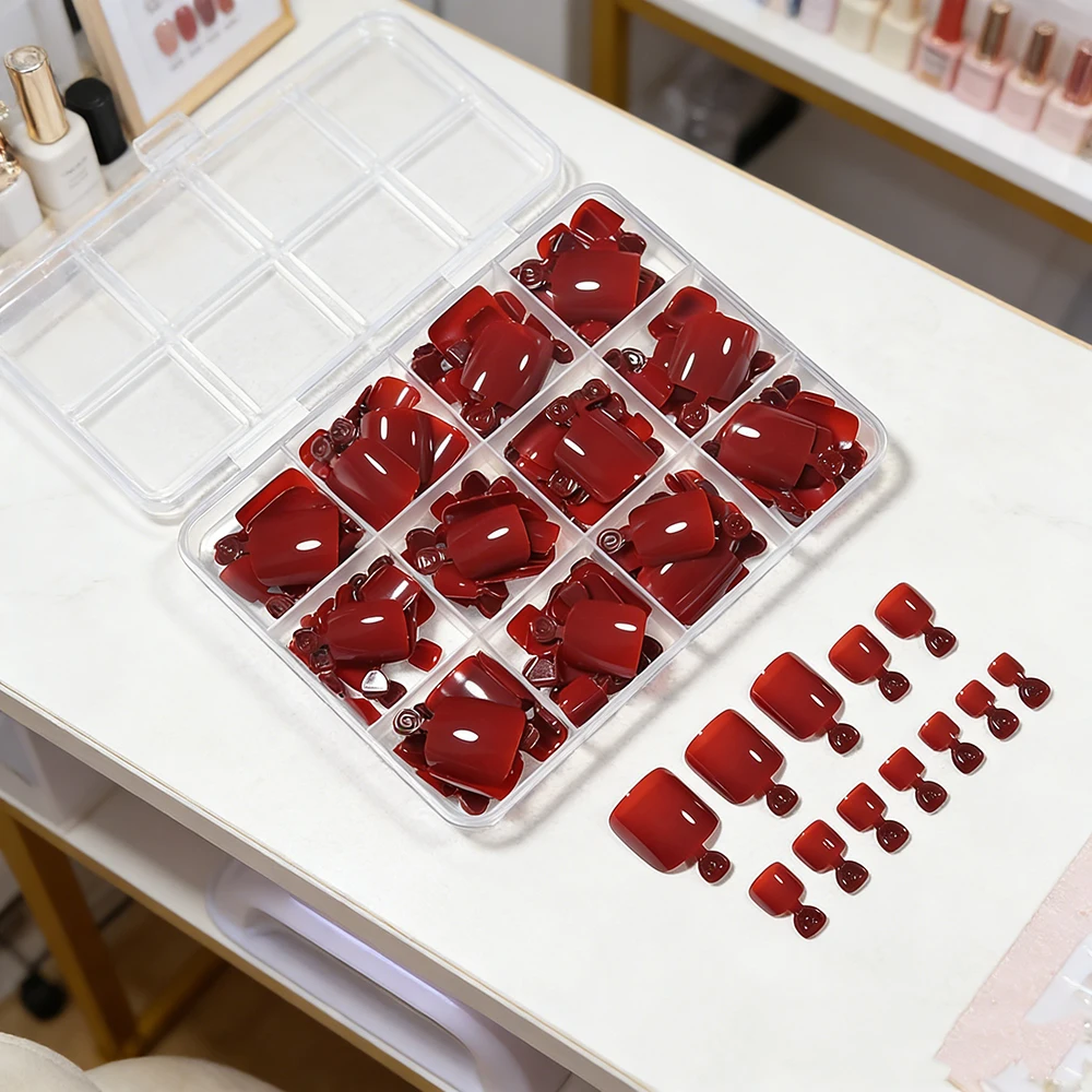 144개/박스 혼합 사이즈 와인 레드 발톱 팁 딥 레드 짧은 사각형 프레스온 발톱 풀커버 착용 가능한 광택 있는 가짜 발톱