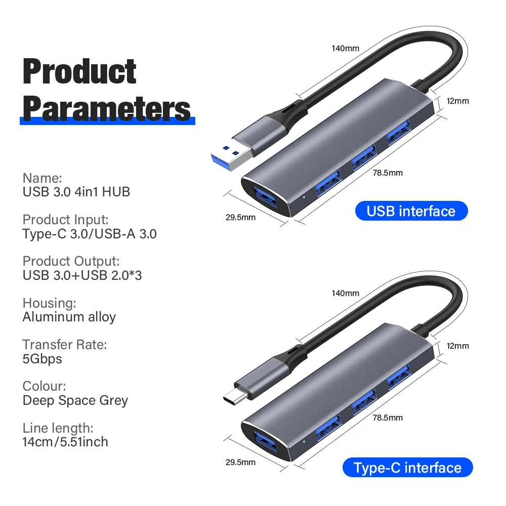 Ultra High-Speed 4-Port USB 3.0 Hub with Type-C Splitter