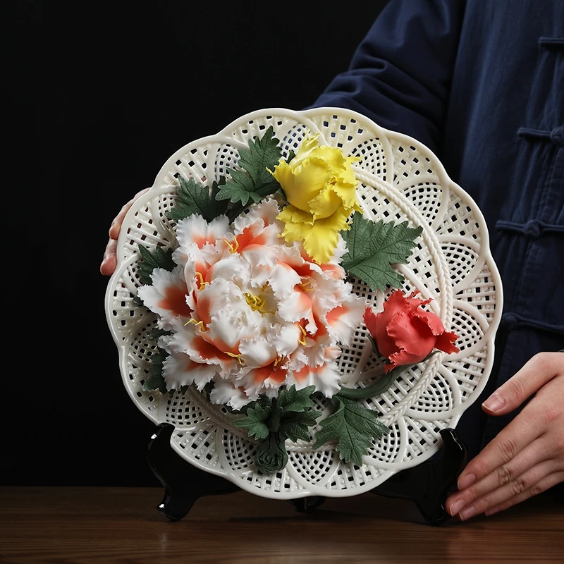 0013 Ceramic Handmade Peony Flower Pendant Plate Desktop Art Decoration Chinese Living Room Decorative Crafts Birthday Gift